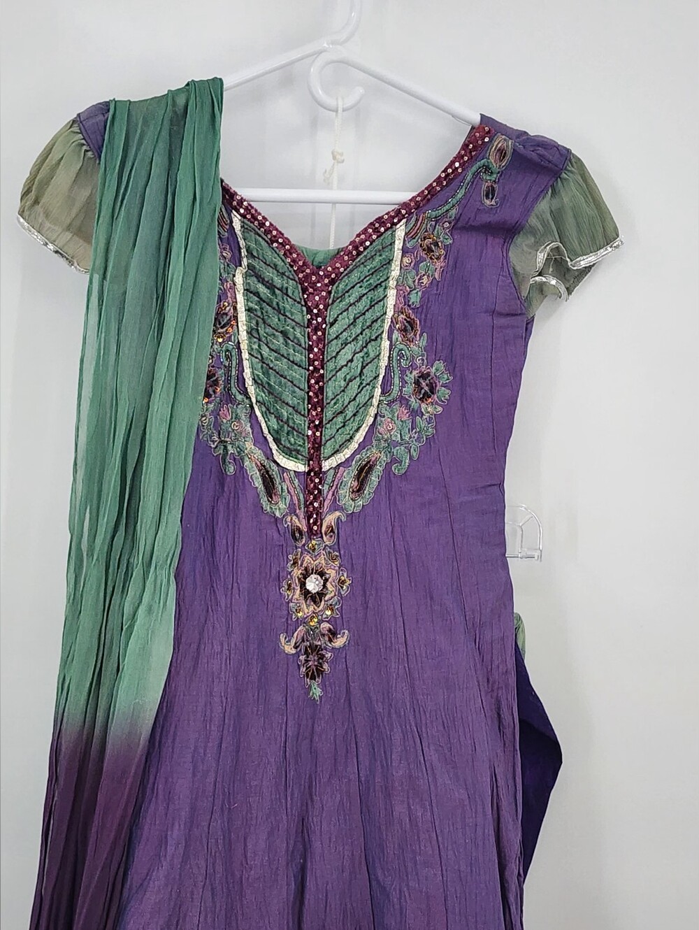 Girls Purple & Green Embellished Anarkali Dress with Dupatta, Size 7 Girl - Picture 2 of 10